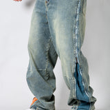 ONYX - Zip-Down Check Baggy Jeans with Blue & Orange Check Panel