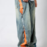 ONYX - Zip-Down Check Baggy Jeans with Blue & Orange Check Panel