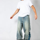 ONYX - Zip-Down Check Baggy Jeans with Blue & Orange Check Panel