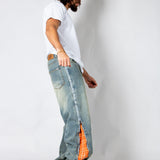 ONYX - Zip-Down Check Baggy Jeans with Blue & Orange Check Panel