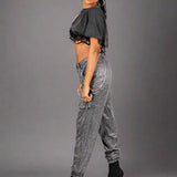 Grey Glitter Cargo Pant With Diamanté Chain