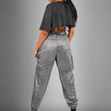 Grey Glitter Cargo Pant With Diamanté Chain