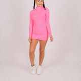 Neon Pink High Neck Ribbed Bodycon Mini Dress