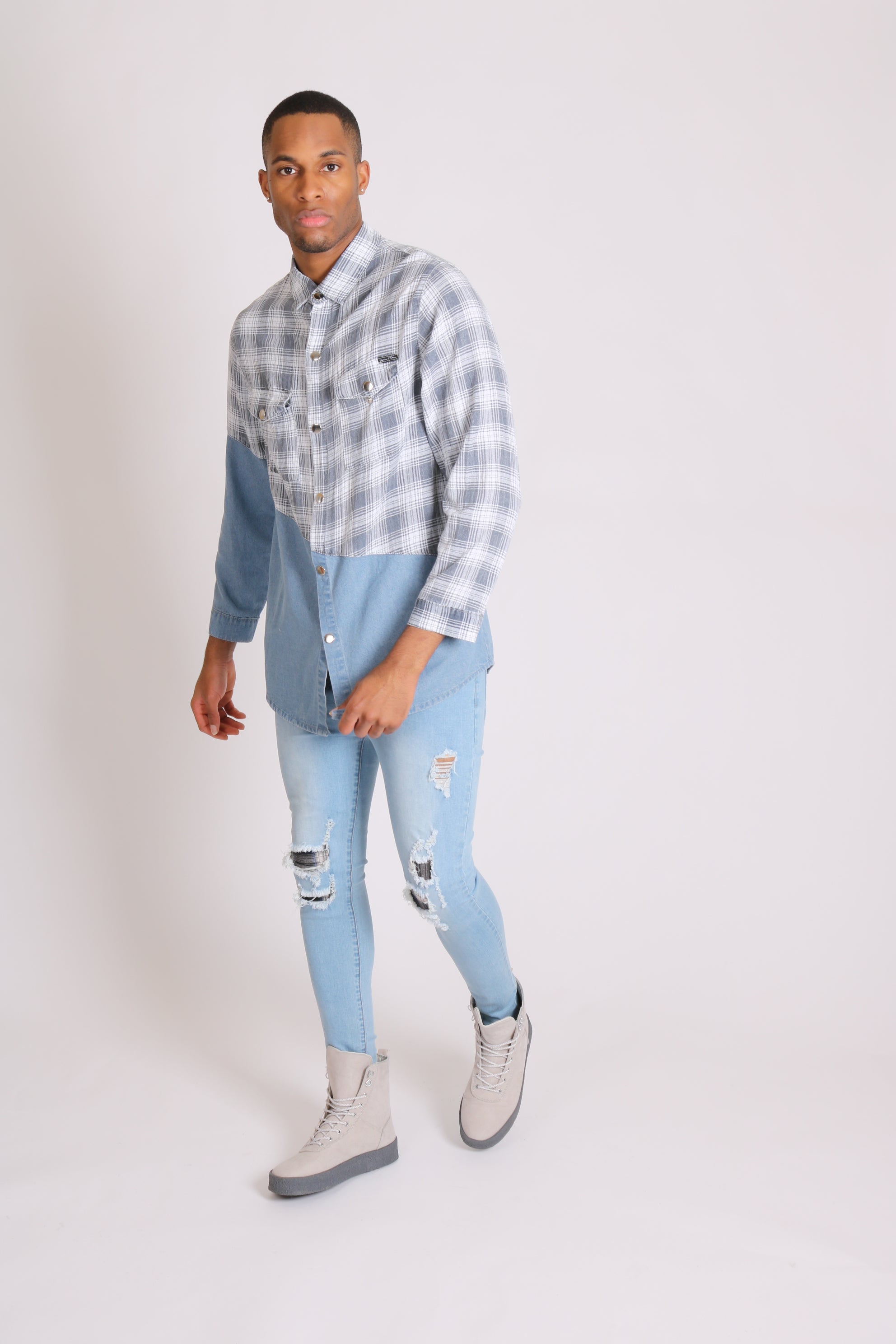 Cleveland Light Denim Shirt With Contrast Flannel Check