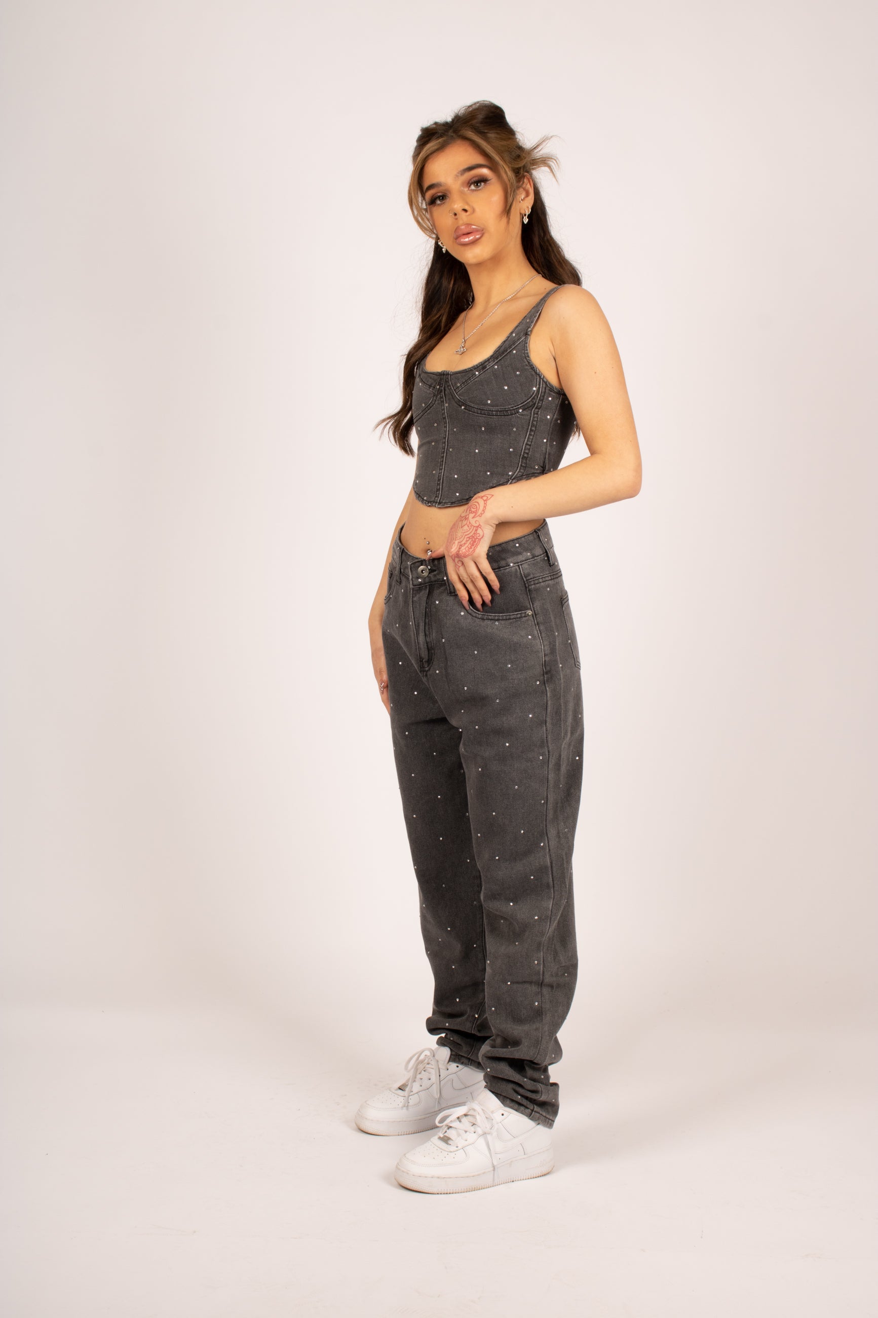 FAE High-Rise Diamante Tapered Mom Jeans