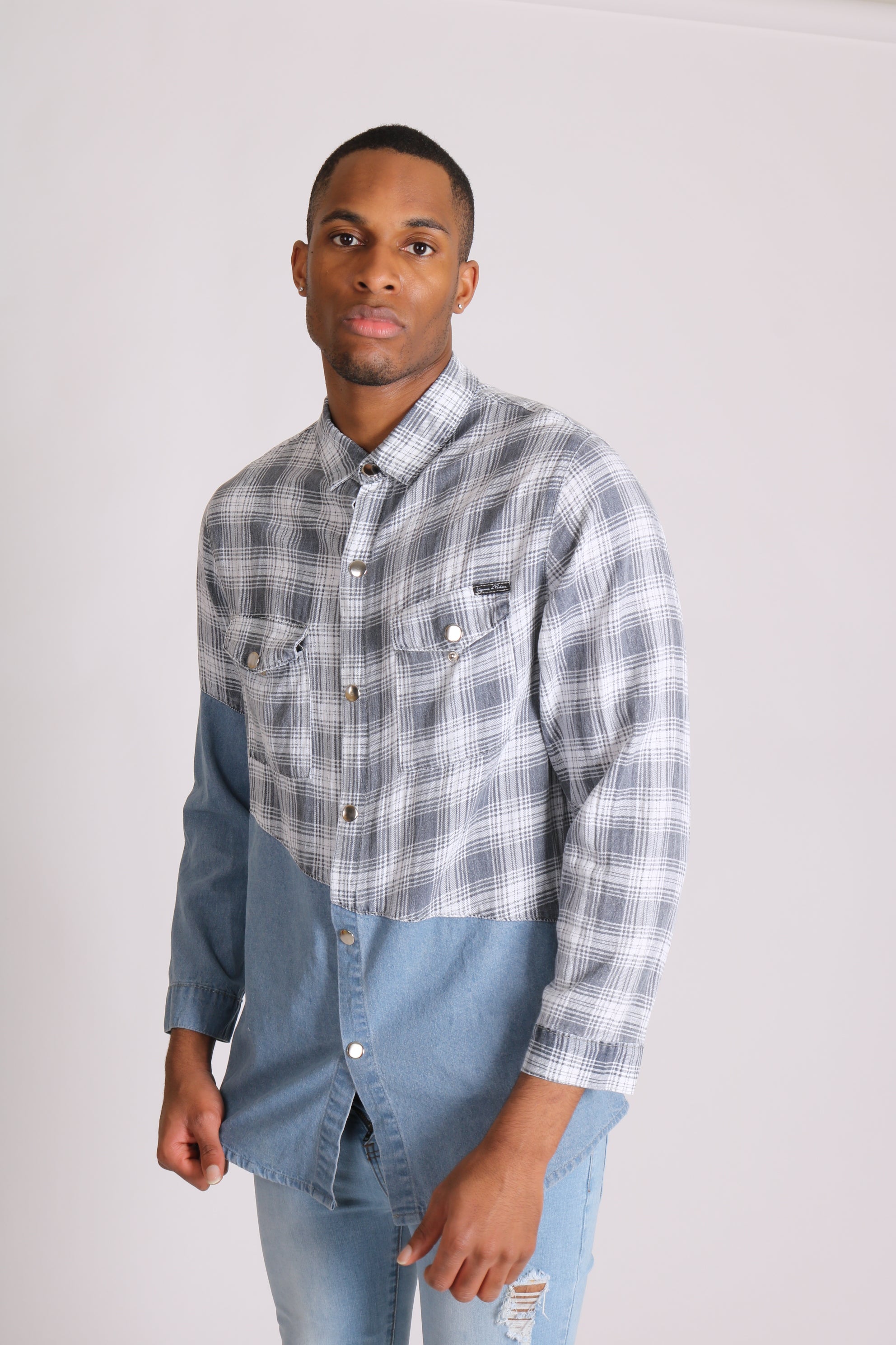 Cleveland Light Denim Shirt With Contrast Flannel Check