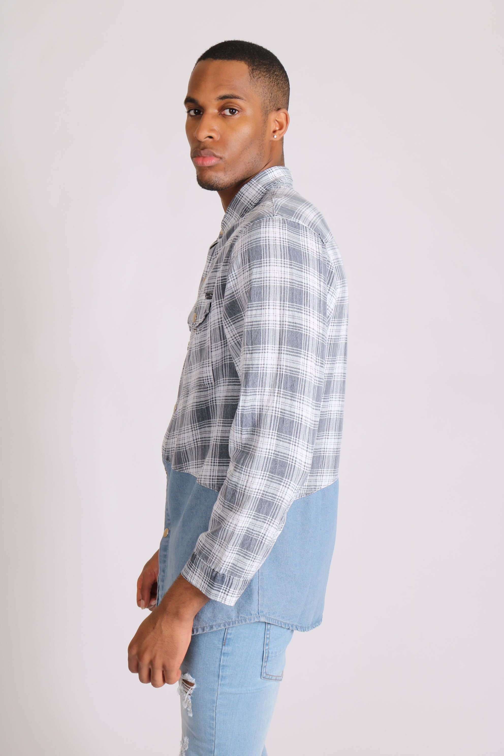 Cleveland Light Denim Shirt With Contrast Flannel Check