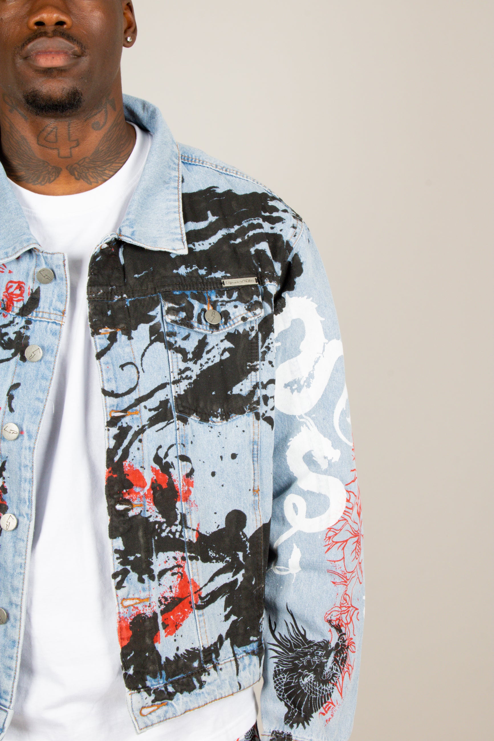 All-Over Dragon Graffiti Print Oversized Stonewash Trucker Jacket