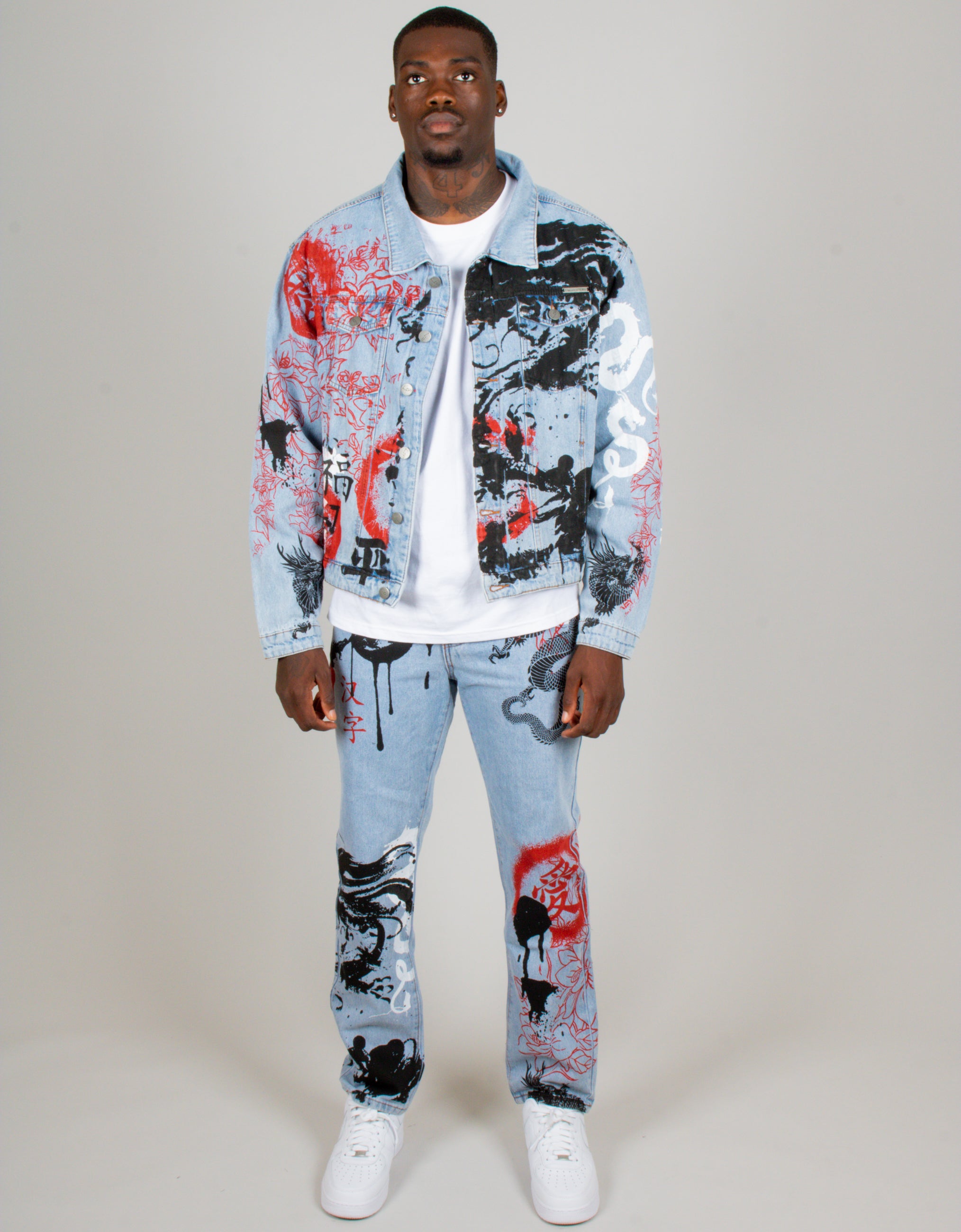 All-Over Dragon Graffiti Print Oversized Stonewash Trucker Jacket