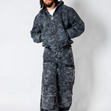 Tree Camo Hooded Denim Padded Jacket In Acid Tonal Black