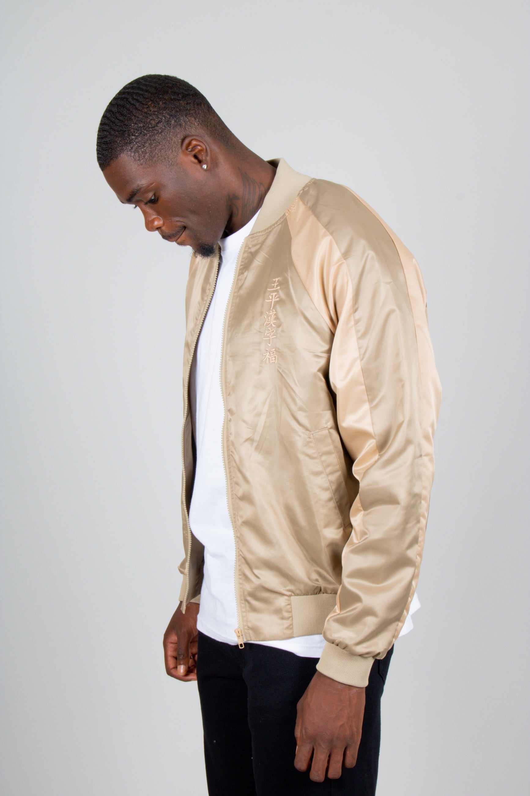 LNP Official  Dragon Embroidered Satin Bomber Jacket In Gold