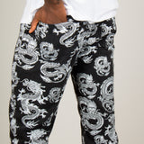 All-Over Dragon Print Straight Leg Black Jeans