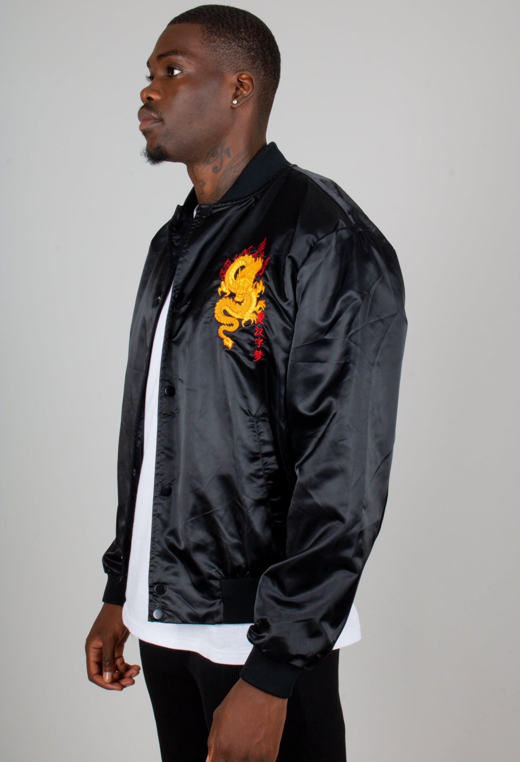 Dragon Embroidered Satin Bomber Jacket