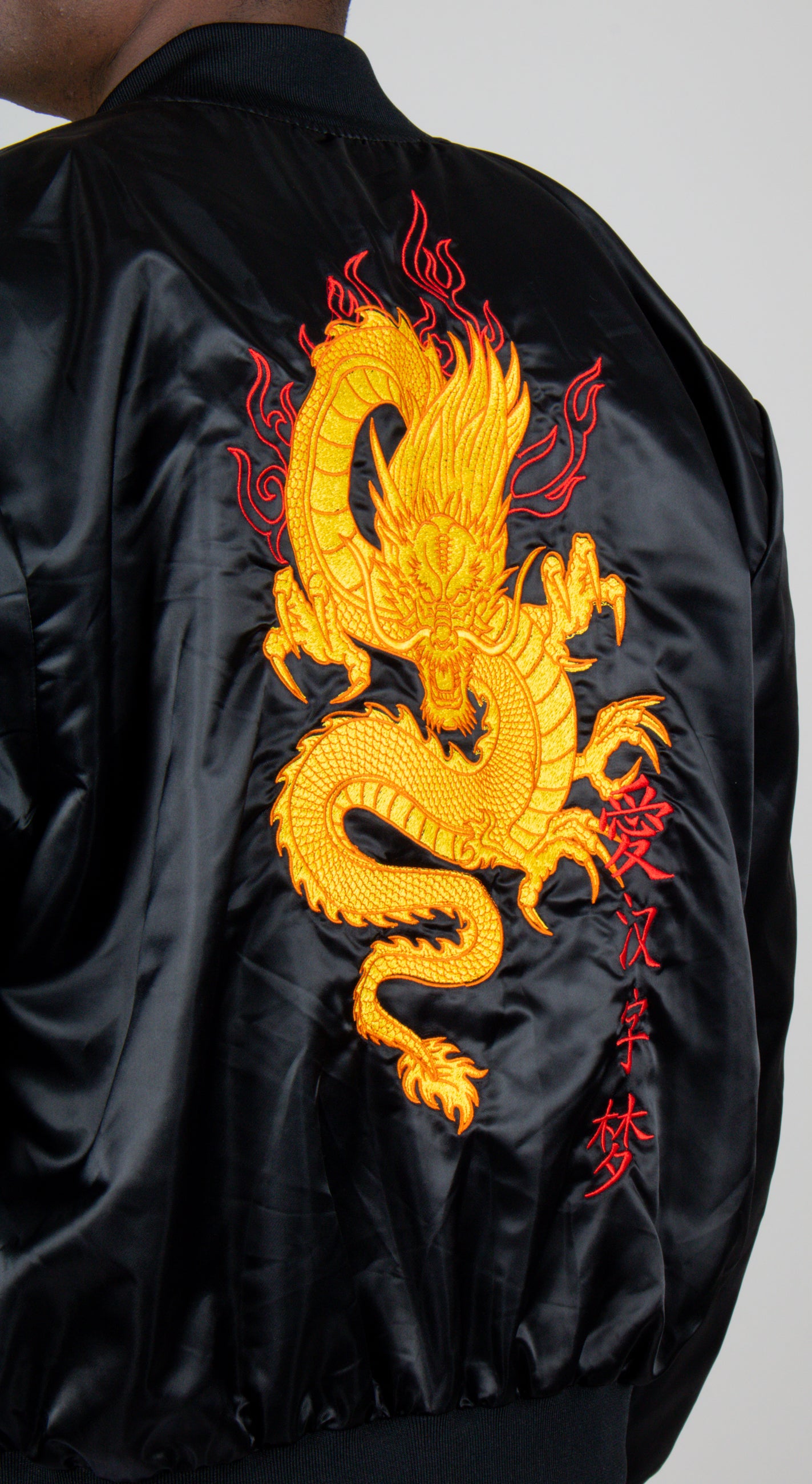 Dragon Embroidered Satin Bomber Jacket