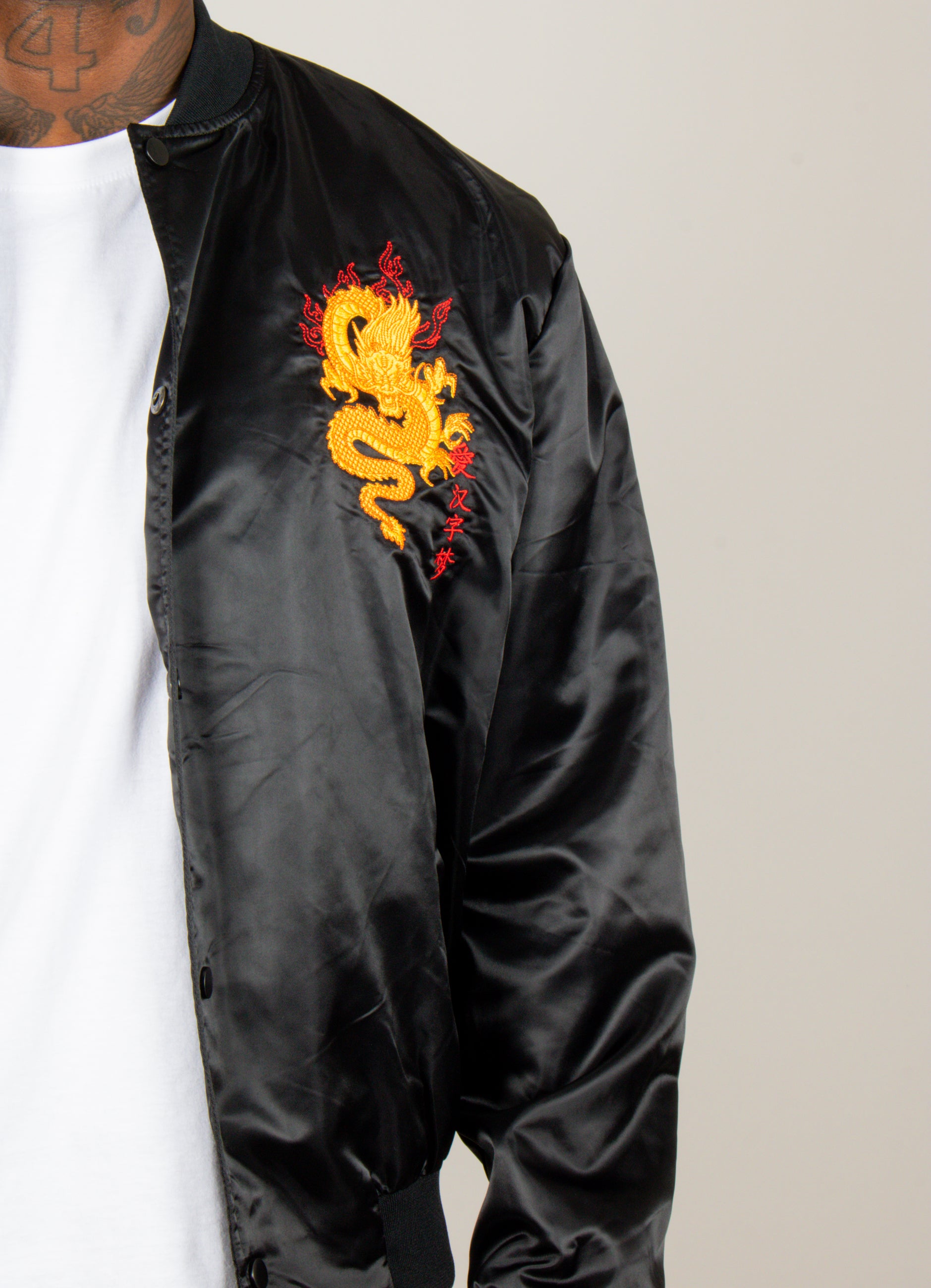 Dragon Embroidered Satin Bomber Jacket