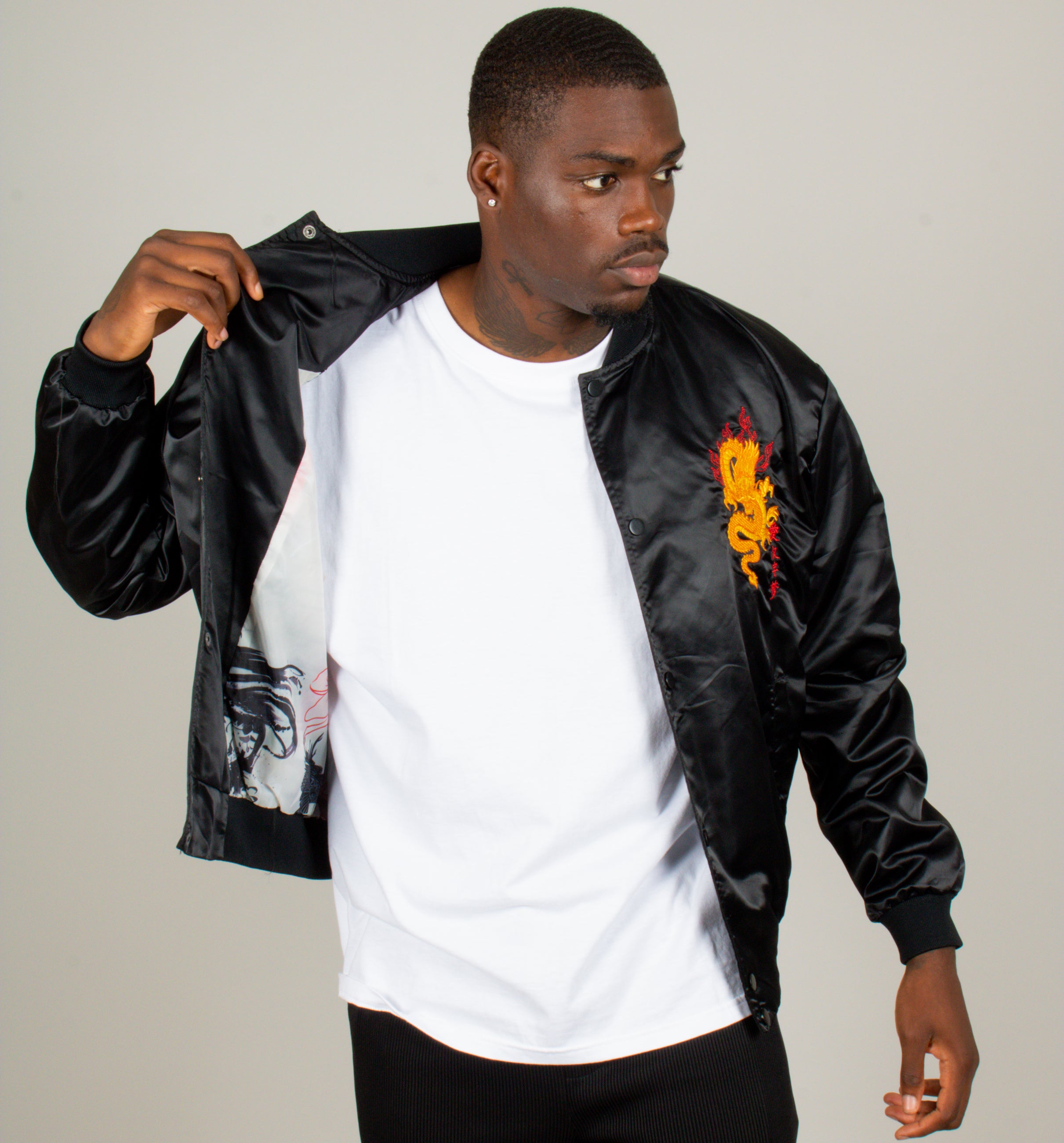 Dragon Embroidered Satin Bomber Jacket