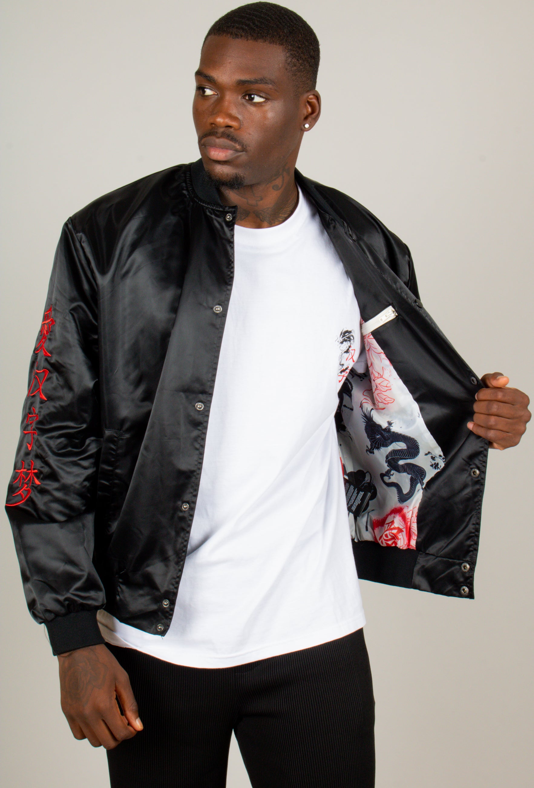 Dragon Embroidered Satin Bomber Jacket