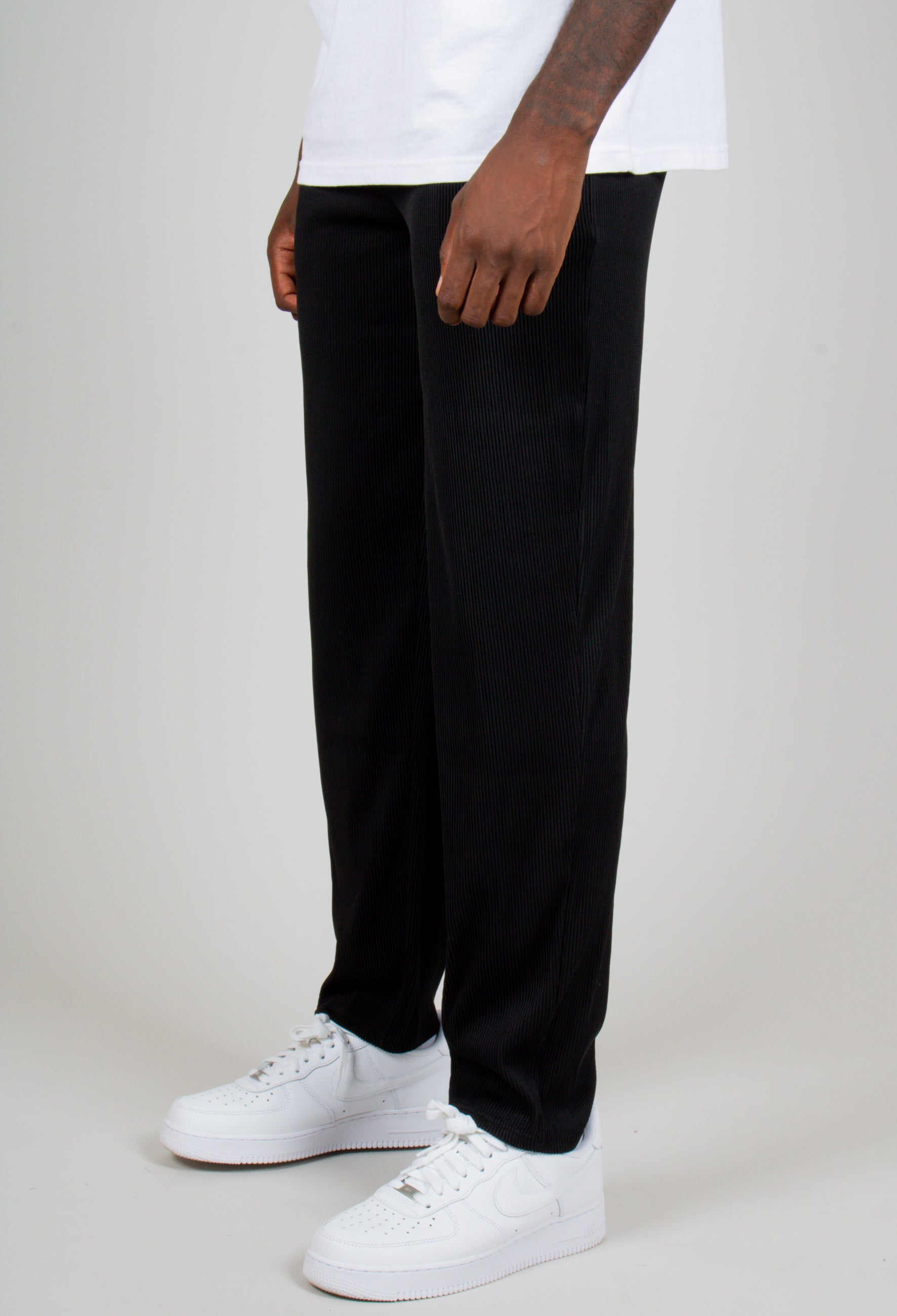 Japanese Text Plisse Black Straight Leg Trousers