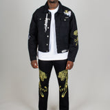 Golden Tiger Embroidered Oversized Black Trucker Jacket
