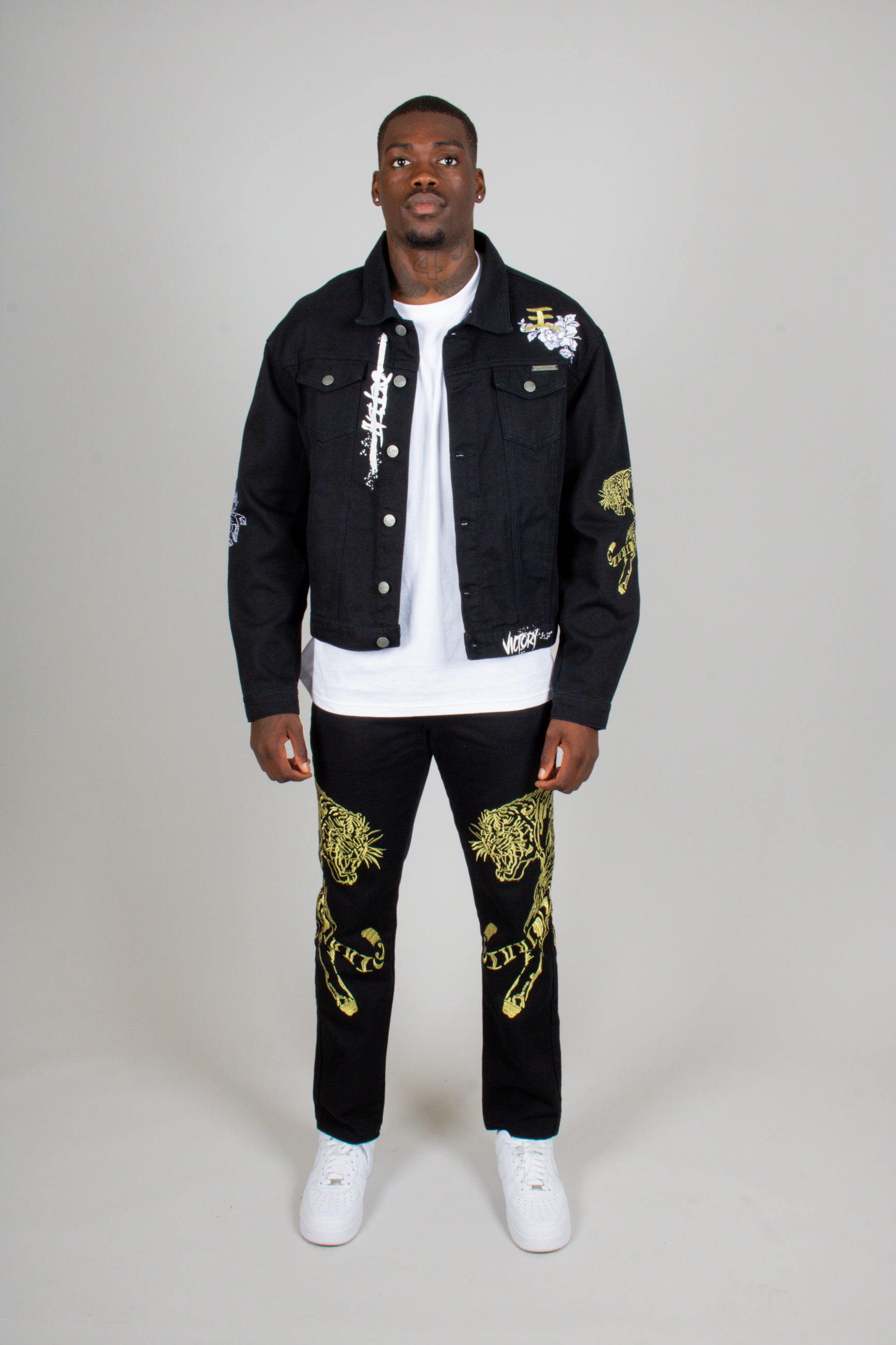 Golden Tiger Embroidered Oversized Black Trucker Jacket