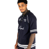 NAVY OVERSIZED GRAPHIC PRINTED POLO T-SHIRT