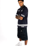 NAVY OVERSIZED GRAPHIC PRINTED POLO T-SHIRT