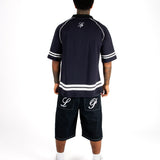 NAVY OVERSIZED GRAPHIC PRINTED POLO T-SHIRT