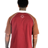 BURGUNDY OVERSIZED GRAPHIC PRINTED POLO T-SHIRT