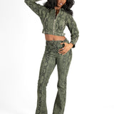 Khaki Snake Print Cropped Denim Jacket