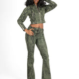 Khaki Snake Print Tie-Up Denim Flare
