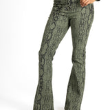 Khaki Snake Print Tie-Up Denim Flare