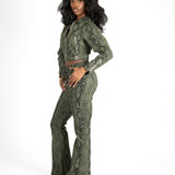 Khaki Snake Print Cropped Denim Jacket