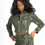 Khaki Snake Print Cropped Denim Jacket