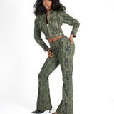 Khaki Snake Print Tie-Up Denim Flare