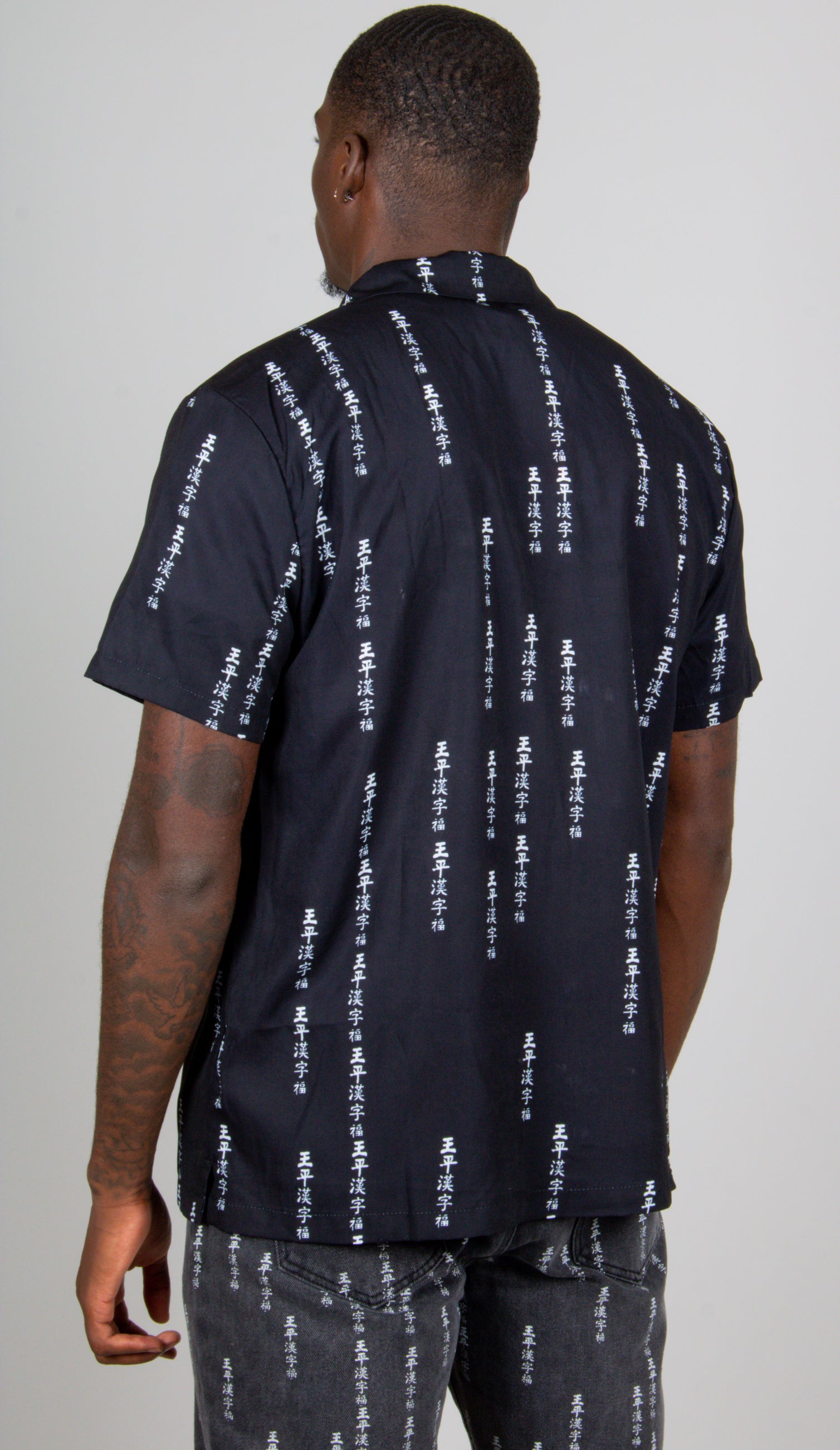 All-Over Japanese Text Short Sleeve Black Shirt