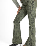 Khaki Snake Print Tie-Up Denim Flare