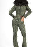 Khaki Snake Print Cropped Denim Jacket