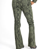 Khaki Snake Print Tie-Up Denim Flare