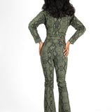 Khaki Snake Print Tie-Up Denim Flare