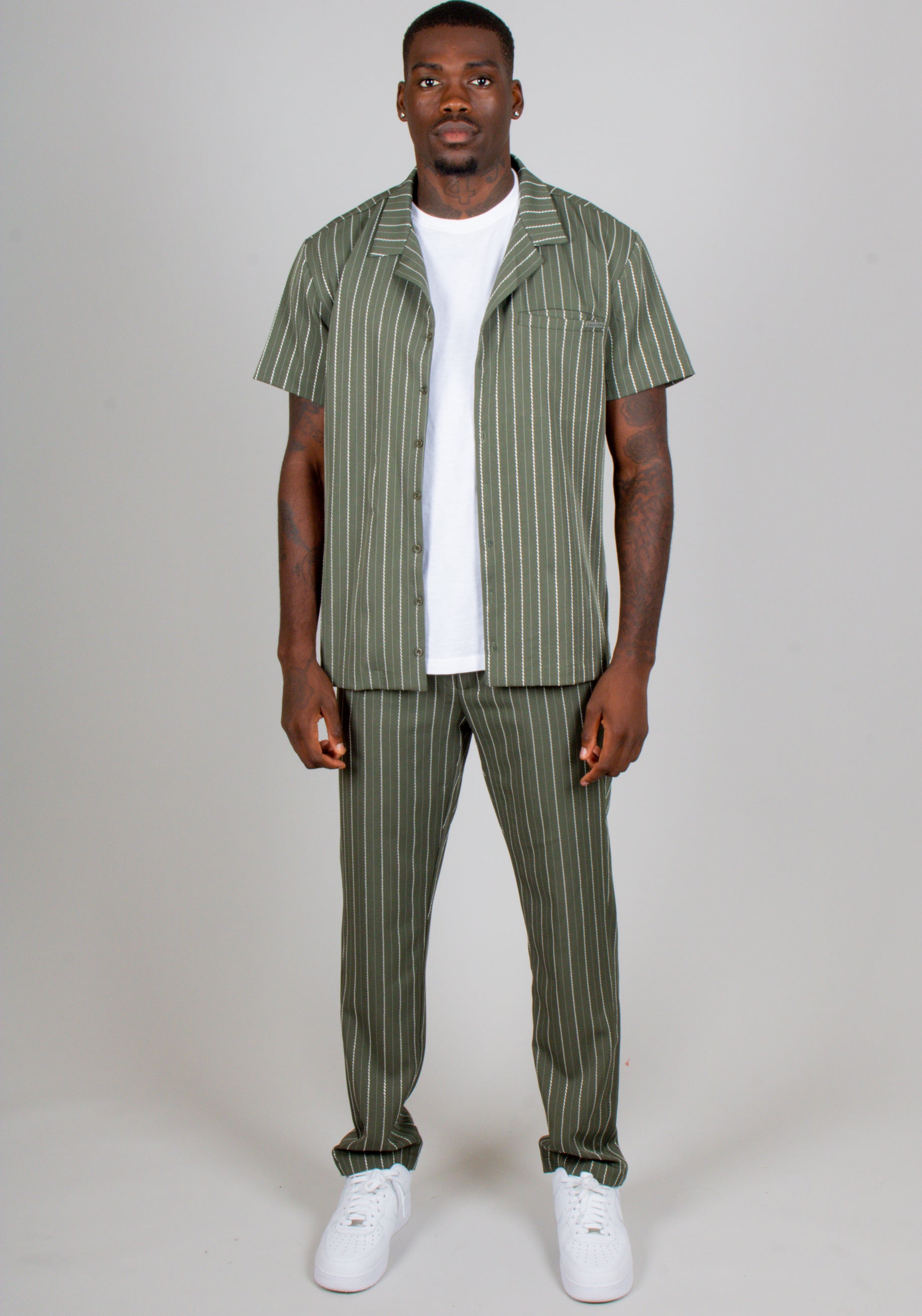 Khaki Pinstripe Straight Leg Trousers