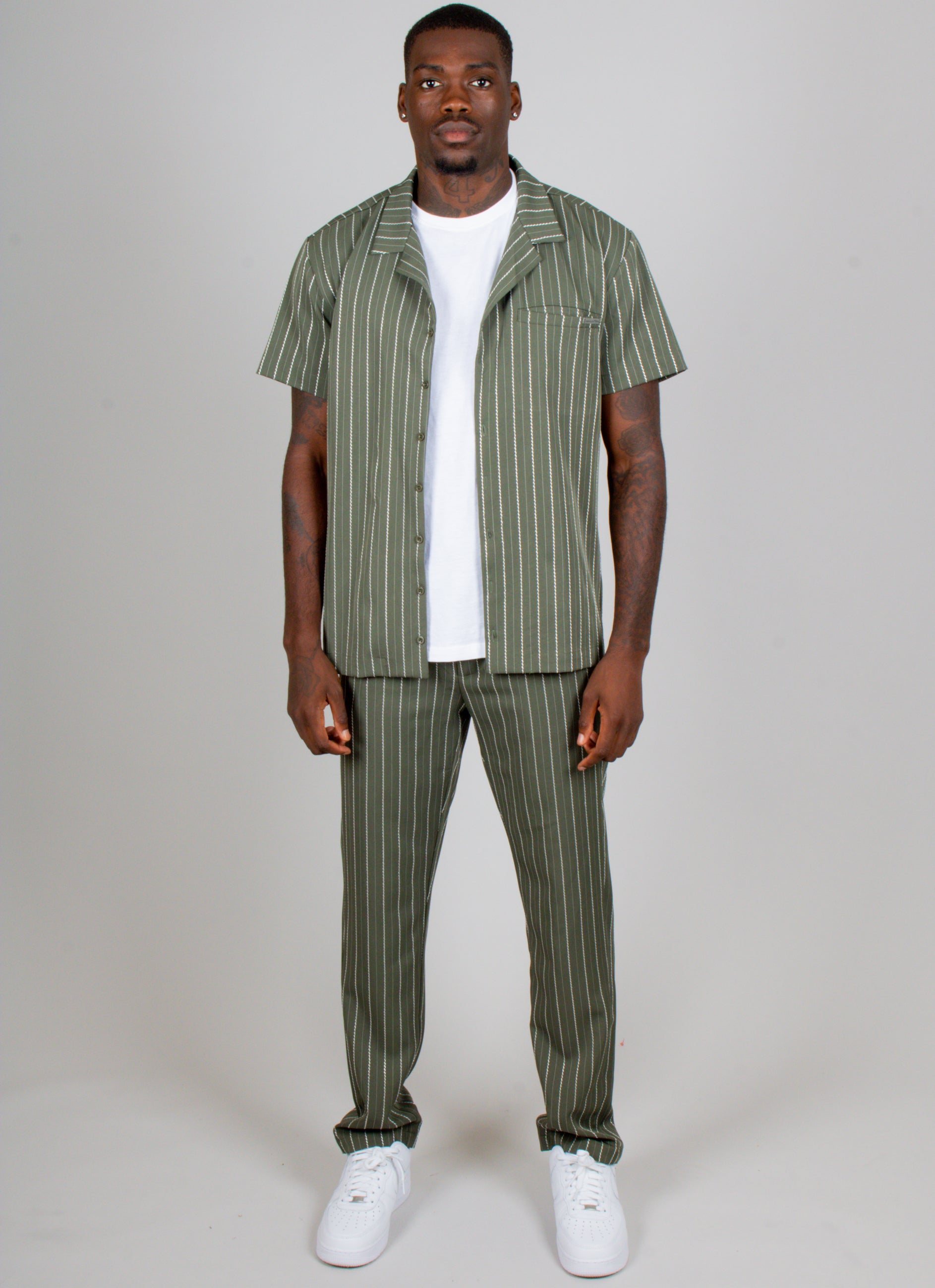 Khaki Pinstripe Revere Collar Short Sleeve Shirt