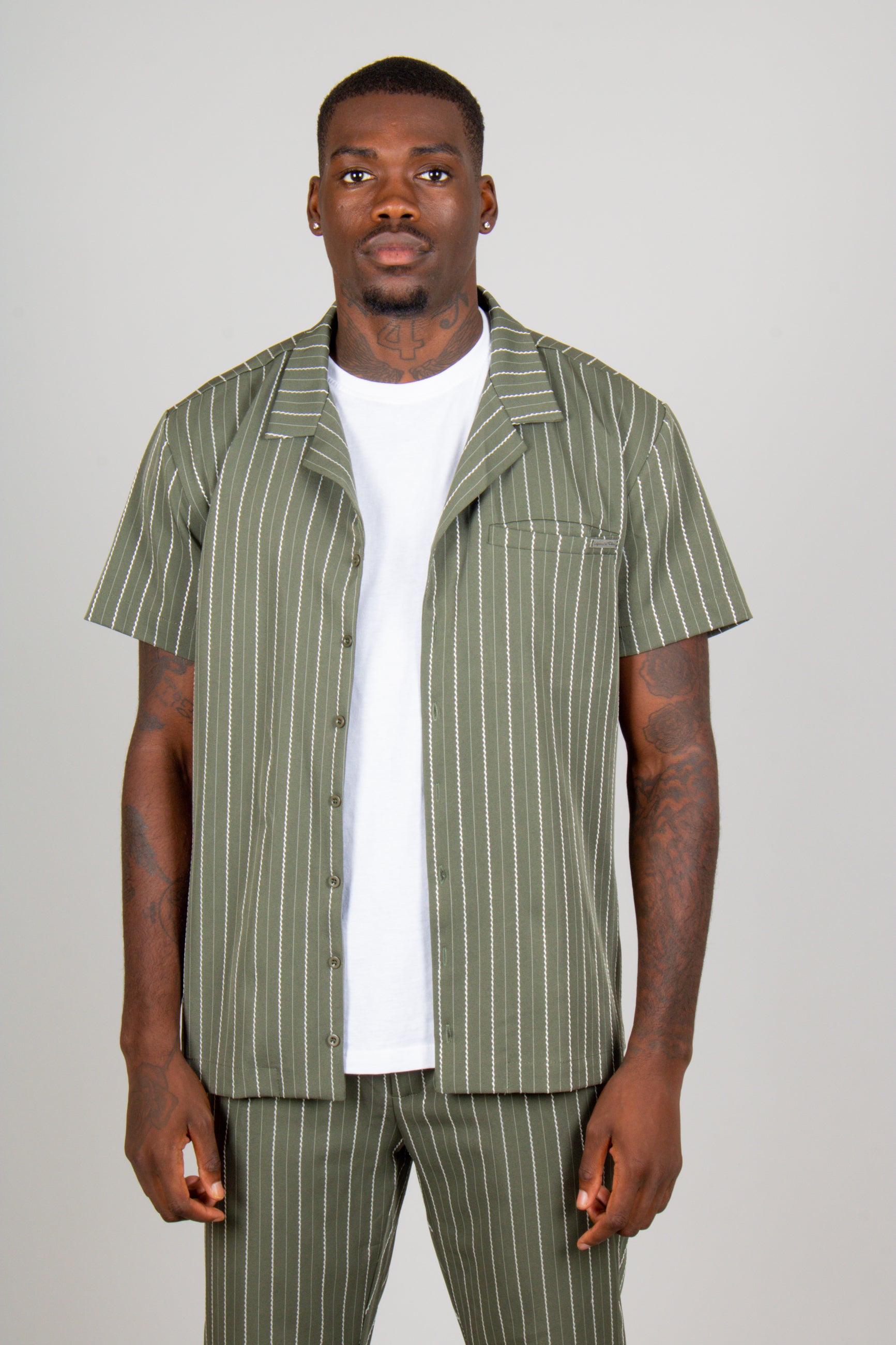 Khaki Pinstripe Revere Collar Short Sleeve Shirt