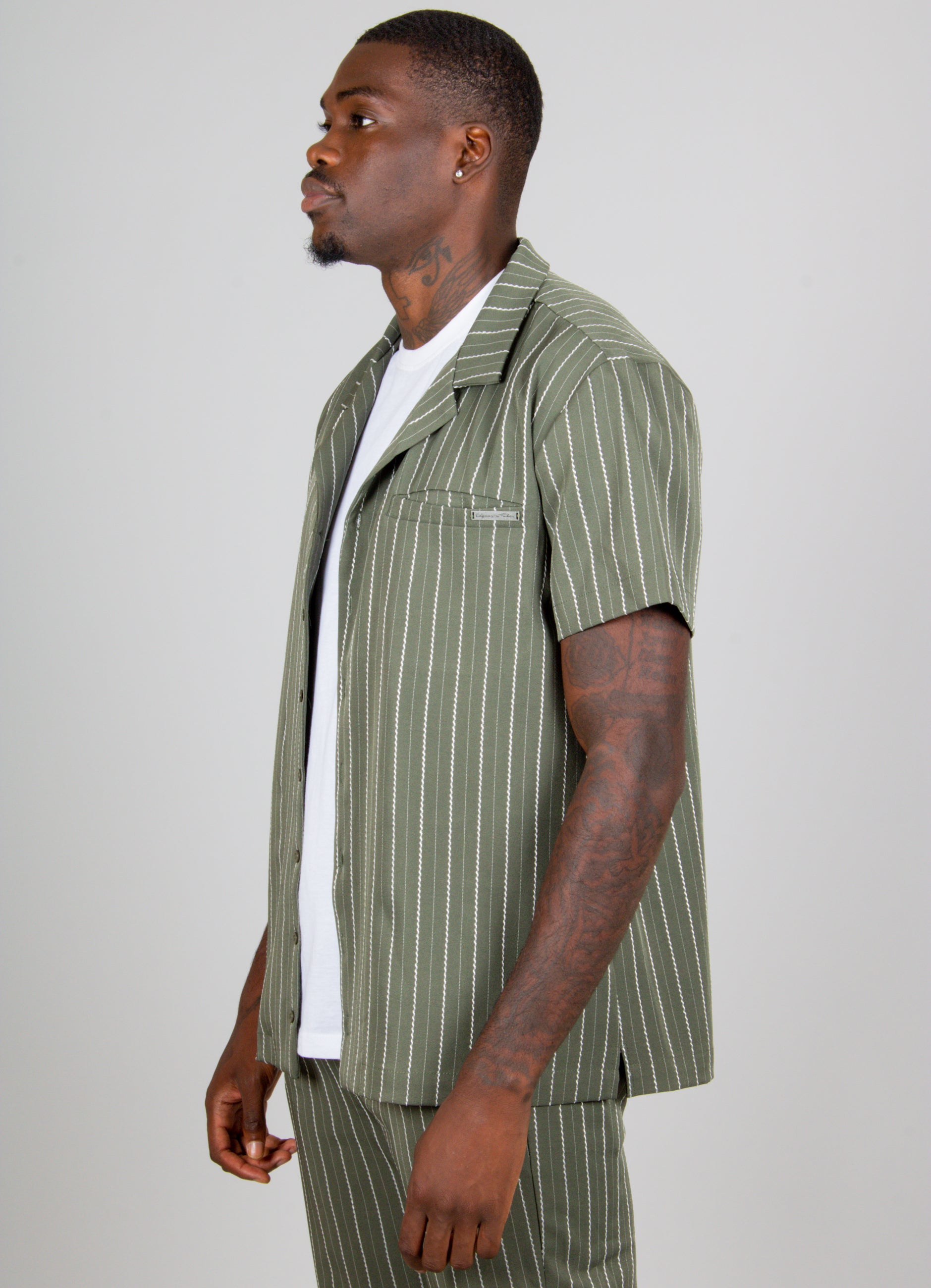 Khaki Pinstripe Revere Collar Short Sleeve Shirt