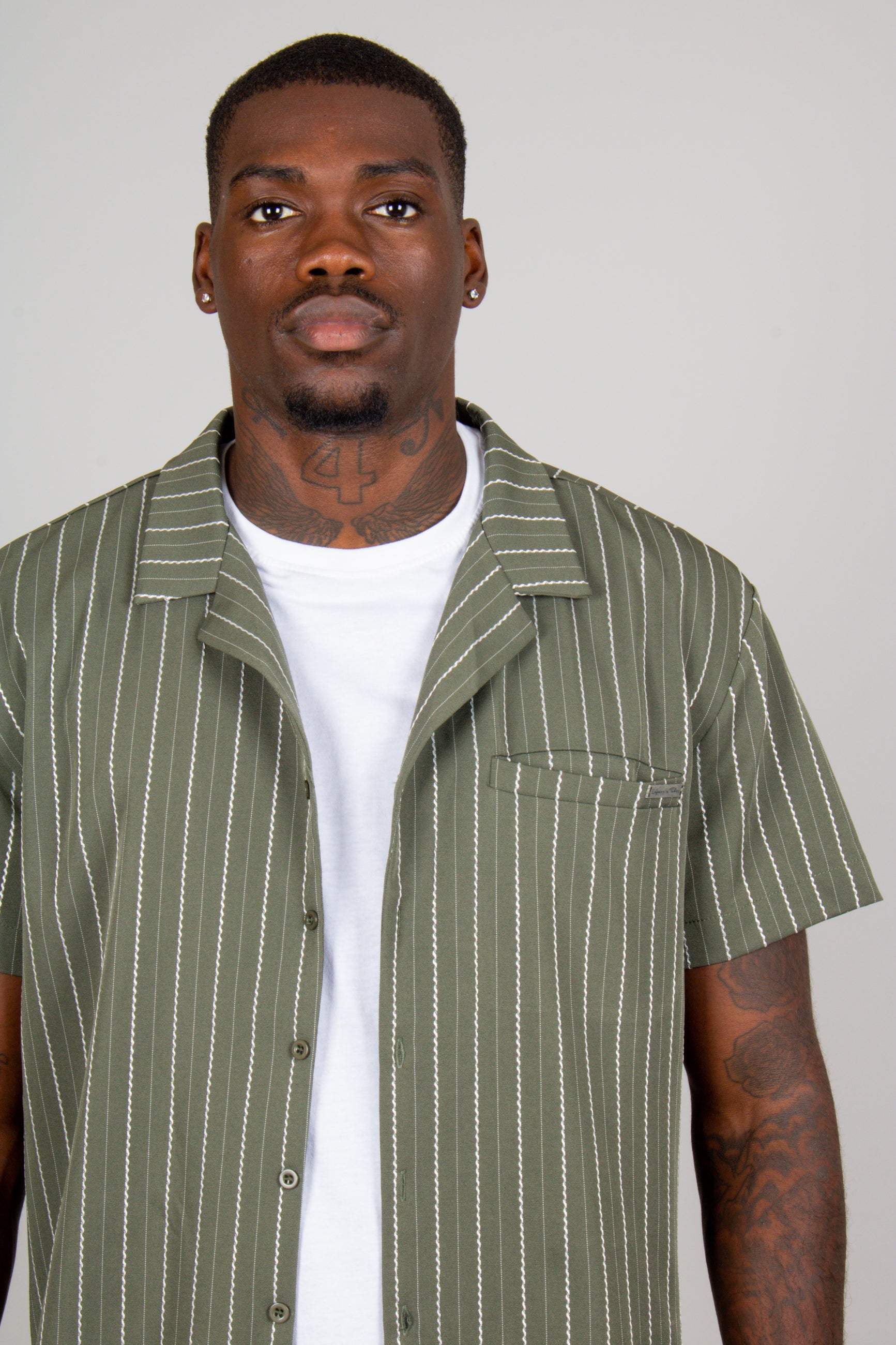 Khaki Pinstripe Revere Collar Short Sleeve Shirt