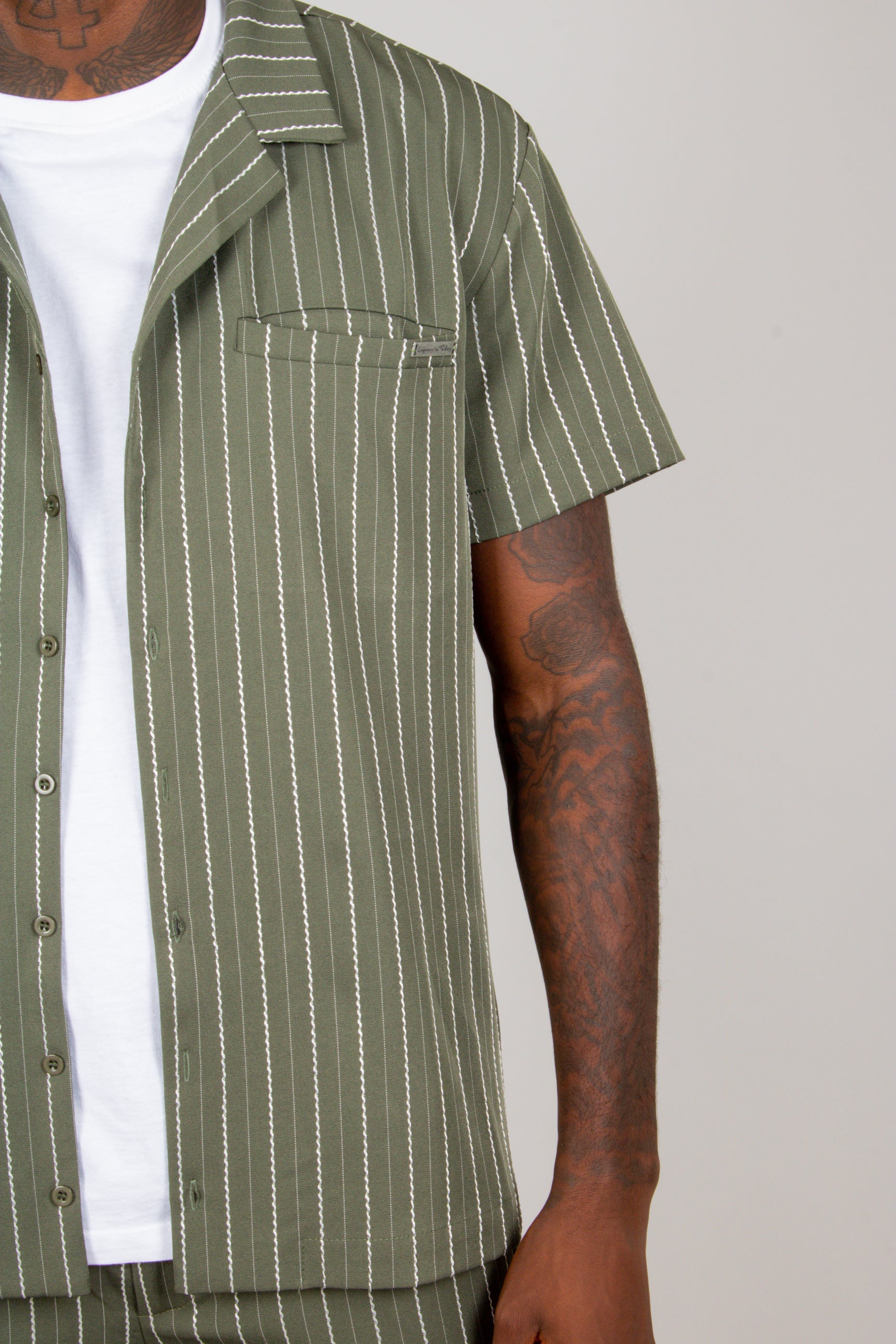 Khaki Pinstripe Revere Collar Short Sleeve Shirt