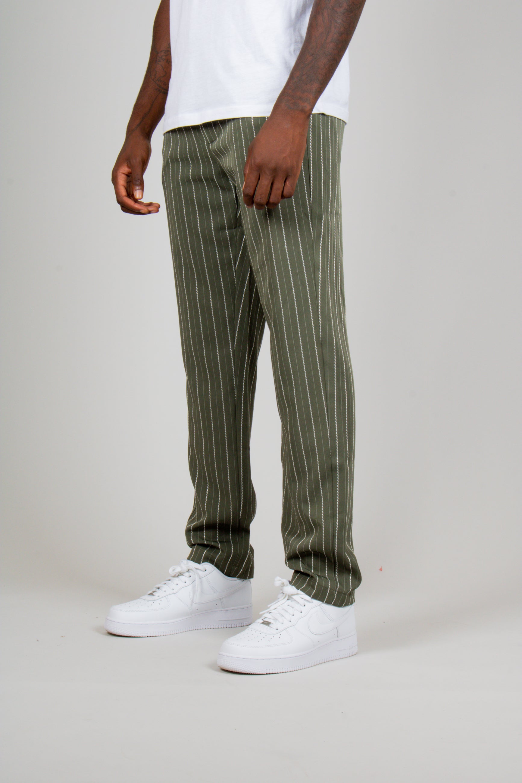 Khaki Pinstripe Straight Leg Trousers