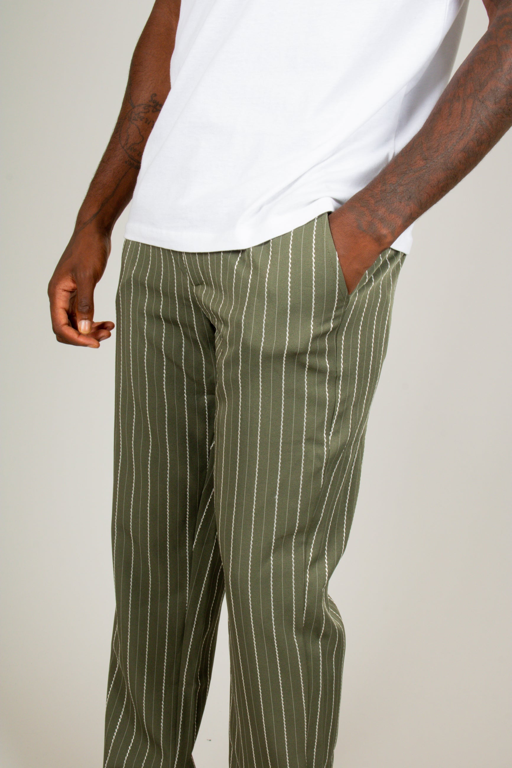 Khaki Pinstripe Straight Leg Trousers