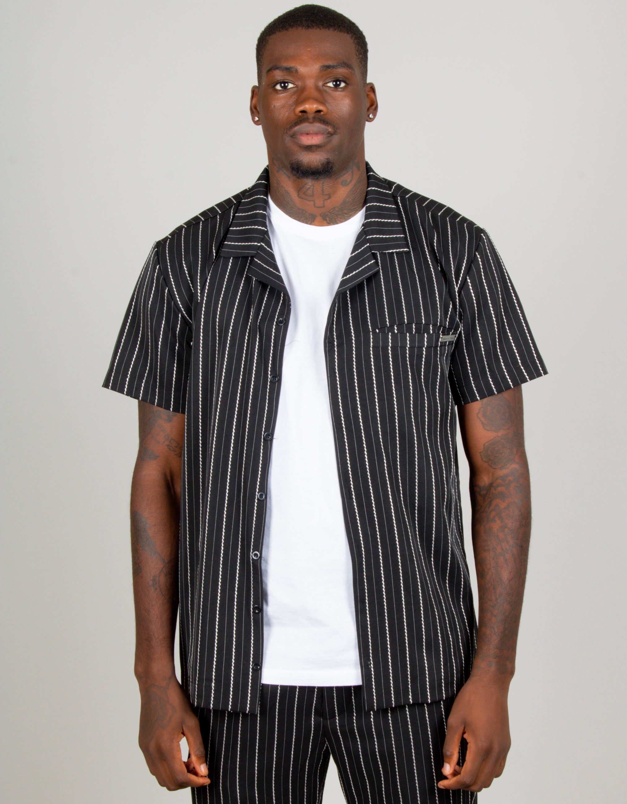 Black Pinstripe Revere Collar Short Sleeve Shirt