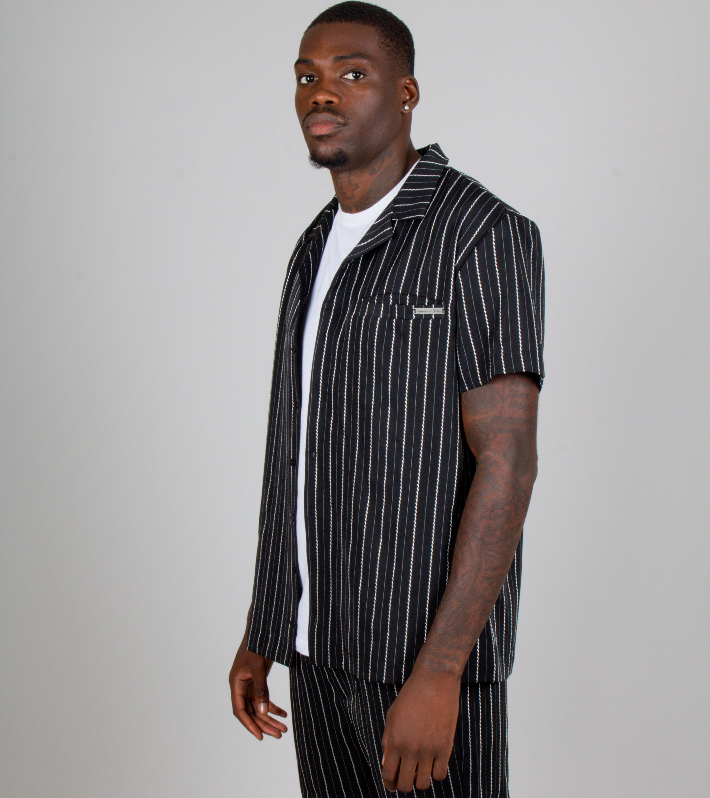 Black Pinstripe Revere Collar Short Sleeve Shirt