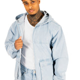 OVERSIZED BLEACH WASH DENIM HOODED JACKET
